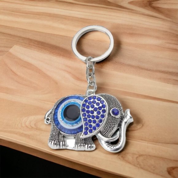 Stainless Steel Keychain Evil Elephant Turkish Eye Keyring Small Gift - Picture 1 of 3